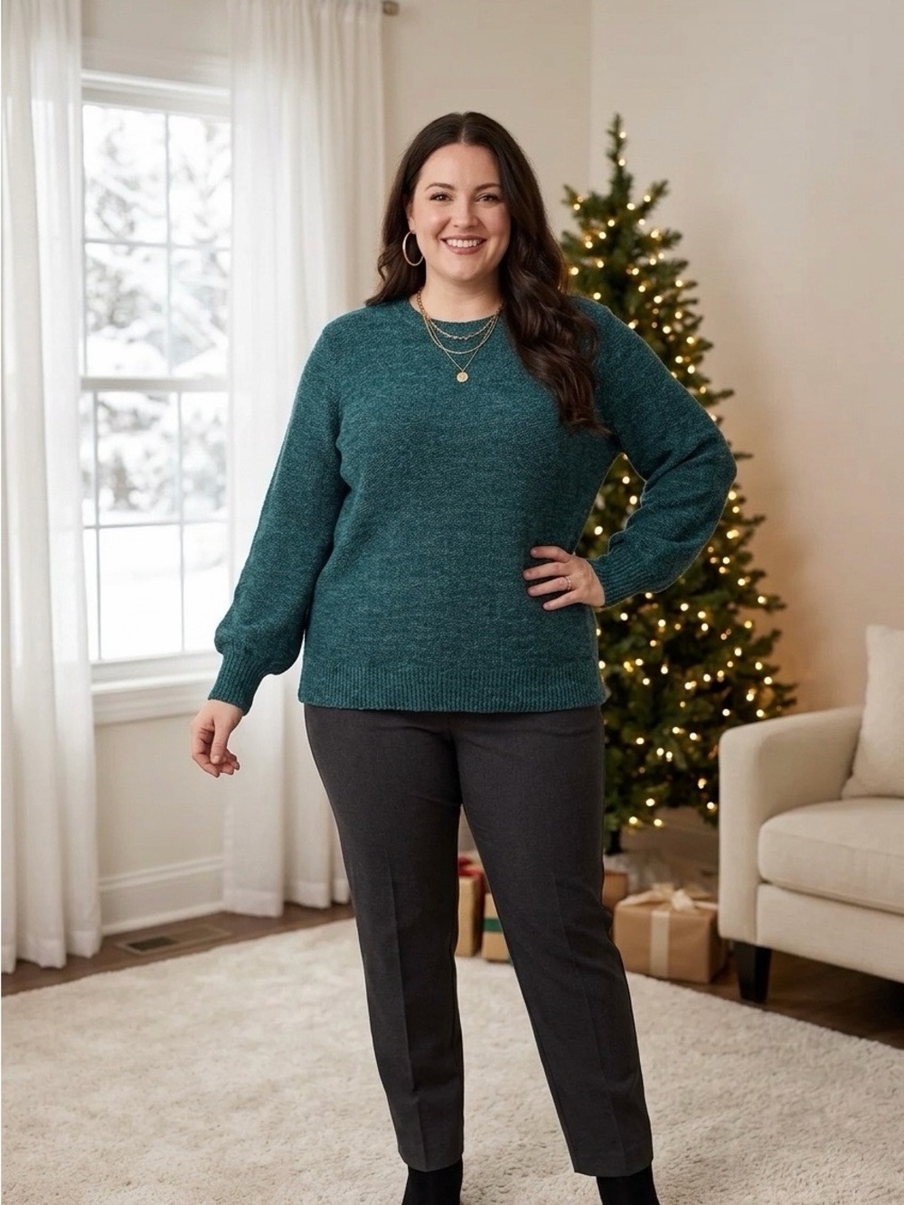 Gloria Vanderbilt Teal Knit Crewneck Sweater